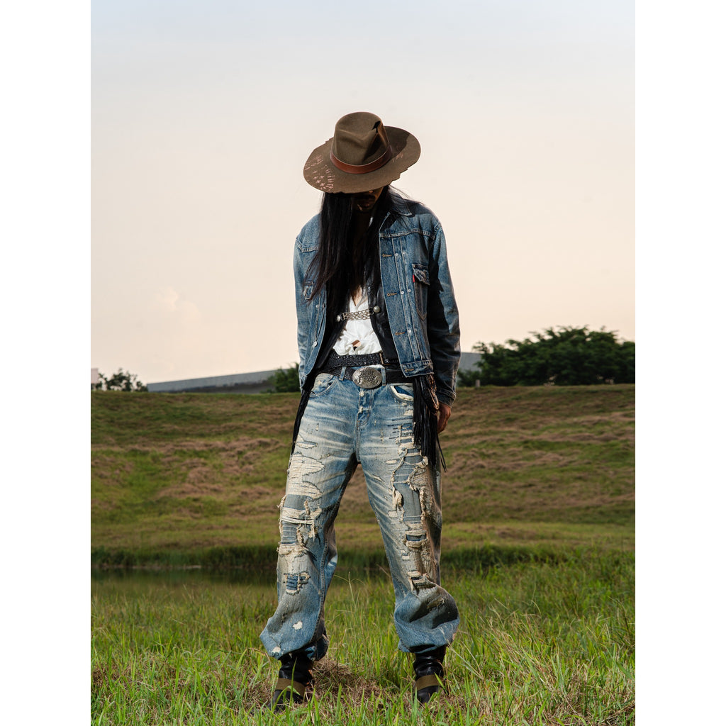 TBR Vintage Patchwork Distressed Straight Jeans