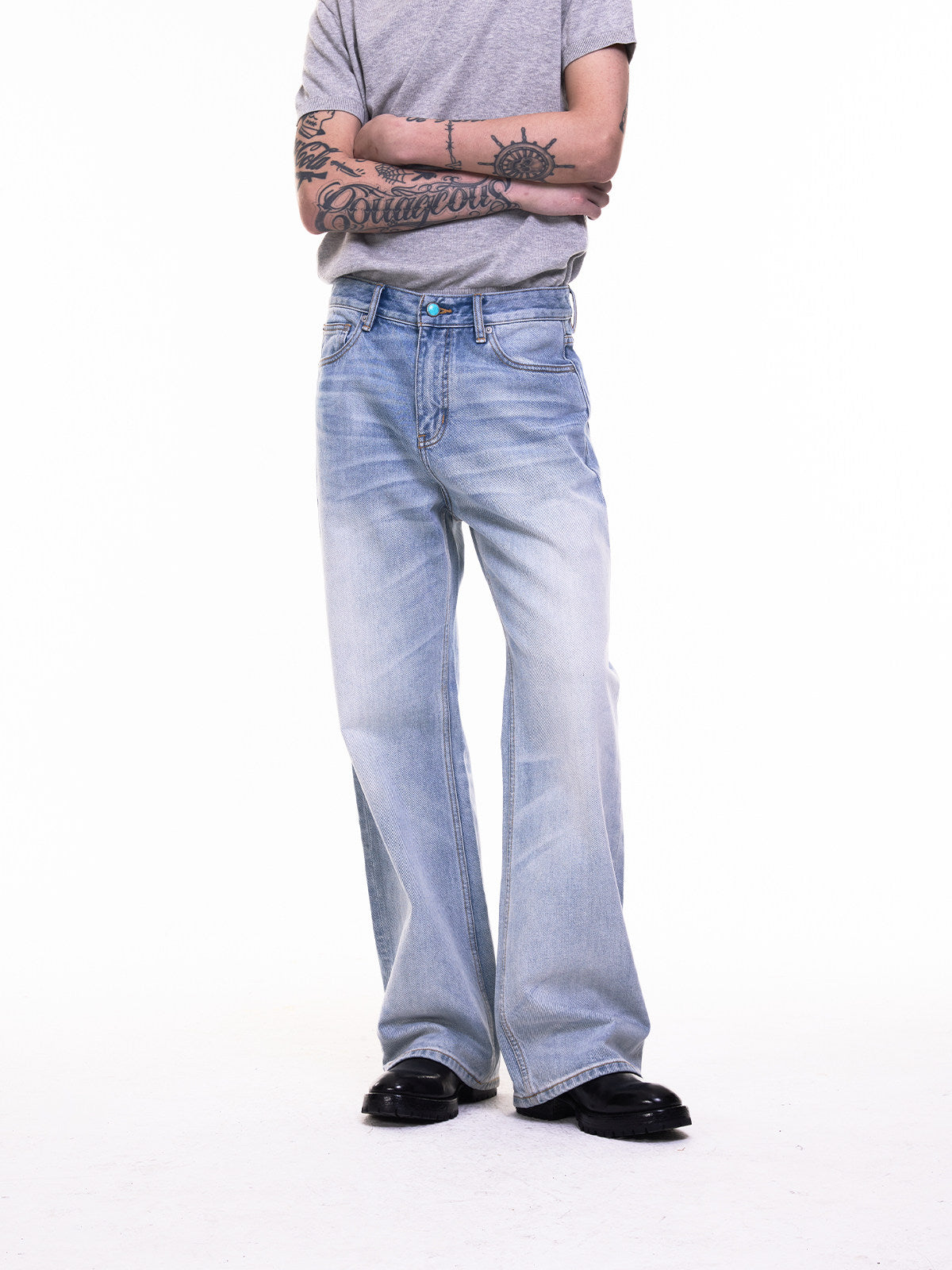 TBR King Denim 08 Turquoise Cream Washed Relaxed Straight Jeans