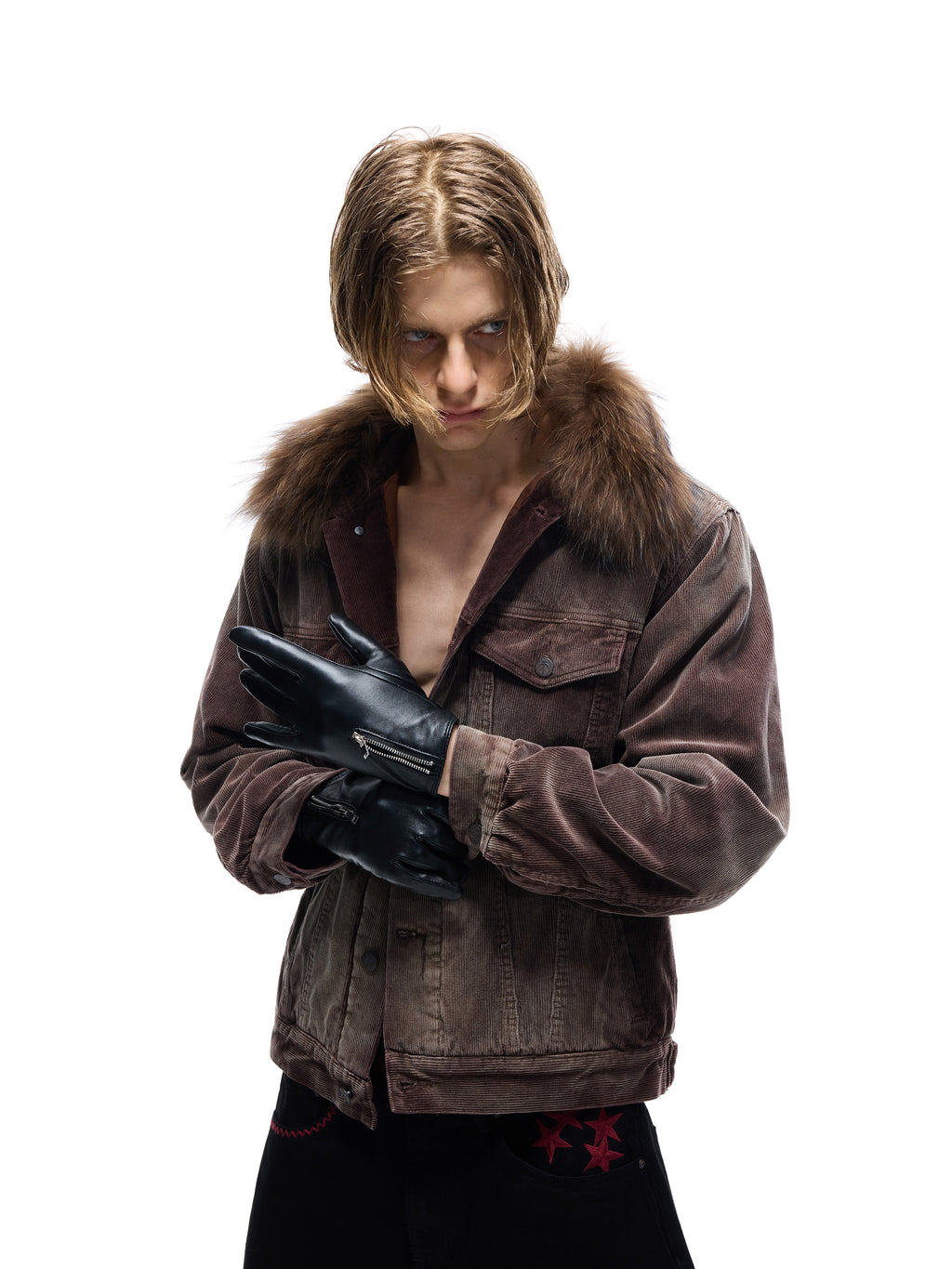 TBR Washed Burgundy Corduroy Shearling Collar Jacket