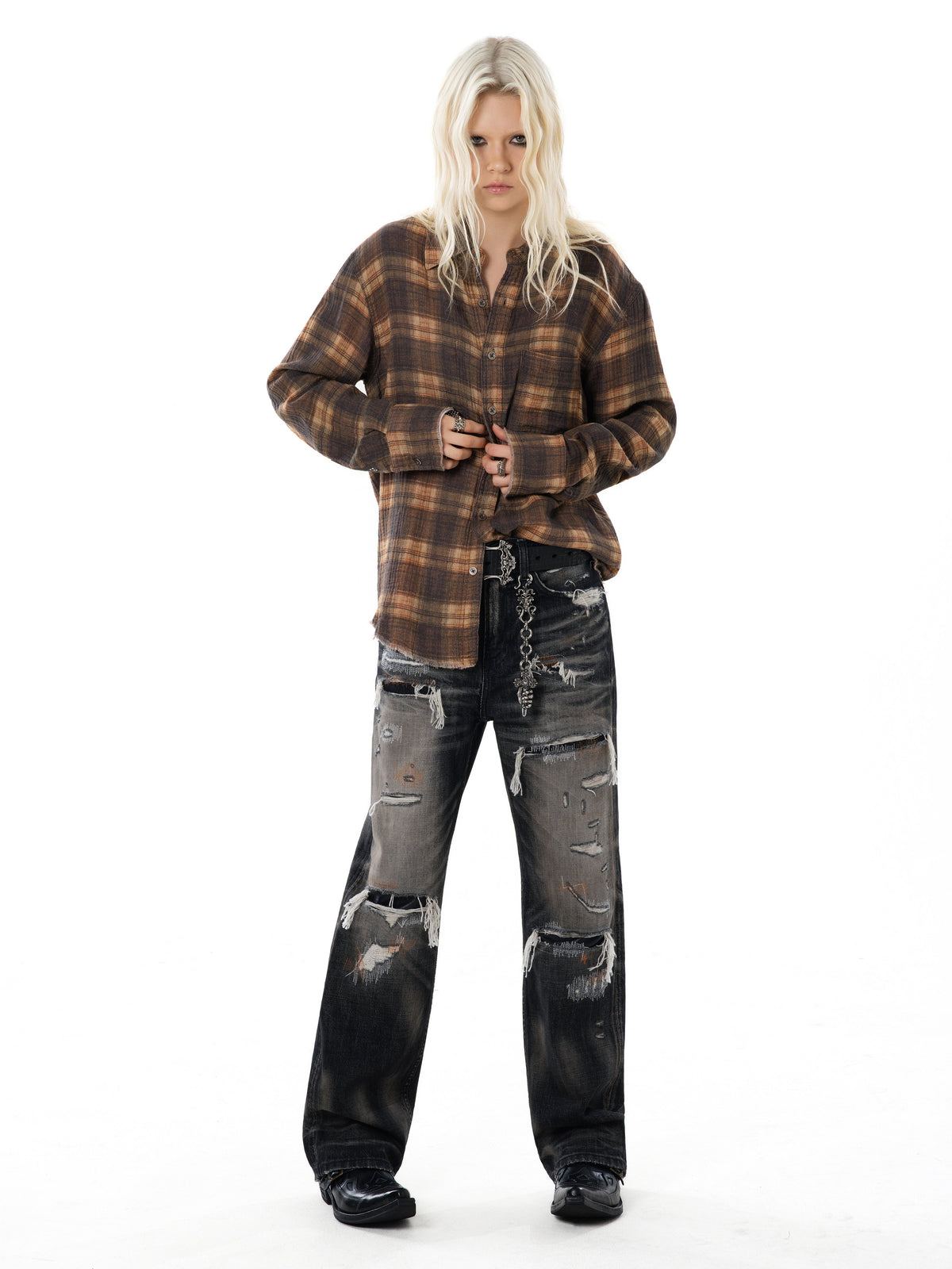 TBR Black Okayama Patchwork Distressed Relaxed Straight Jeans
