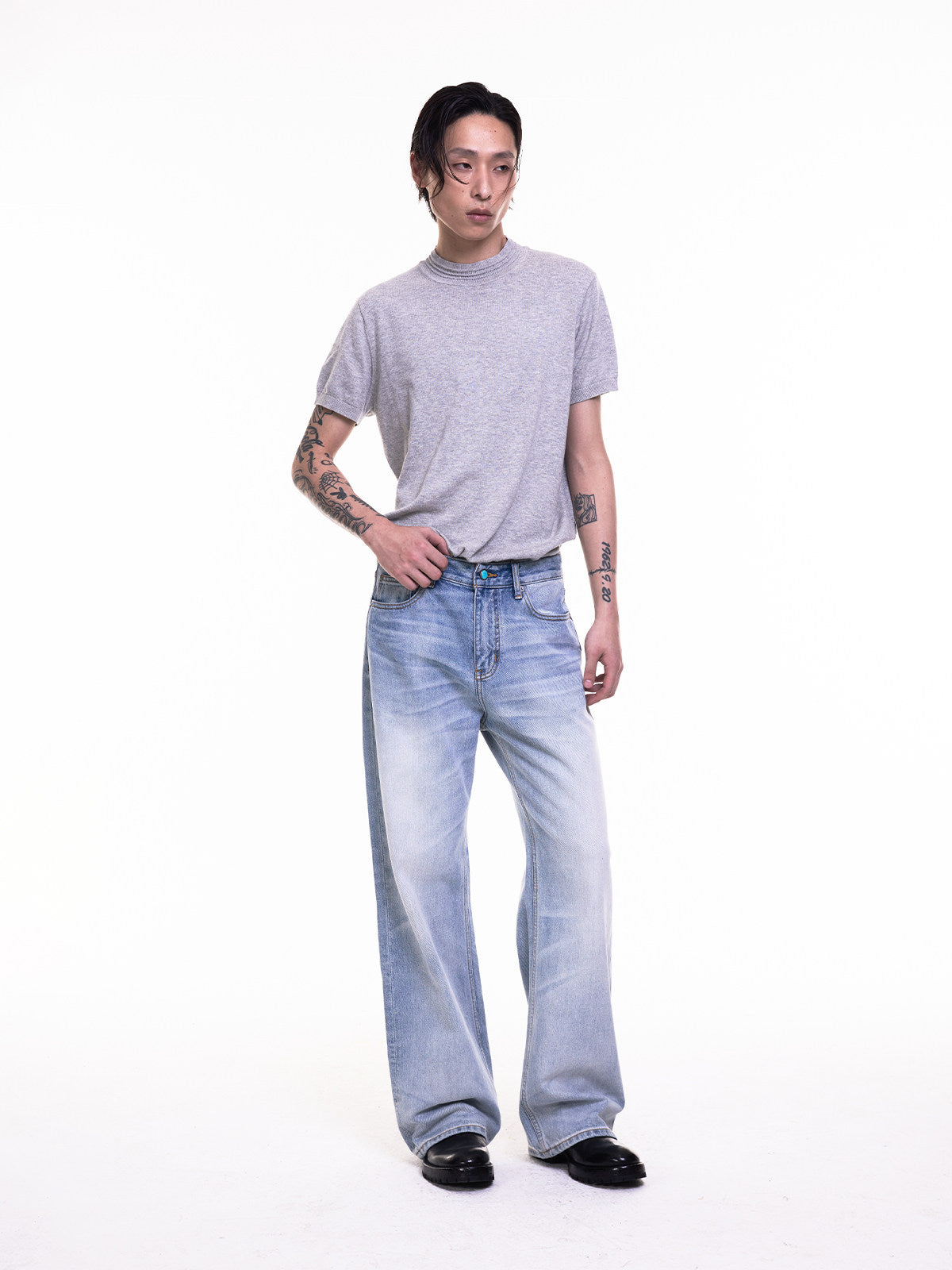 TBR King Denim 08 Turquoise Cream Washed Relaxed Straight Jeans