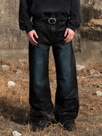 TBR Peacock Blue Waxed Distressed Baggy Jeans