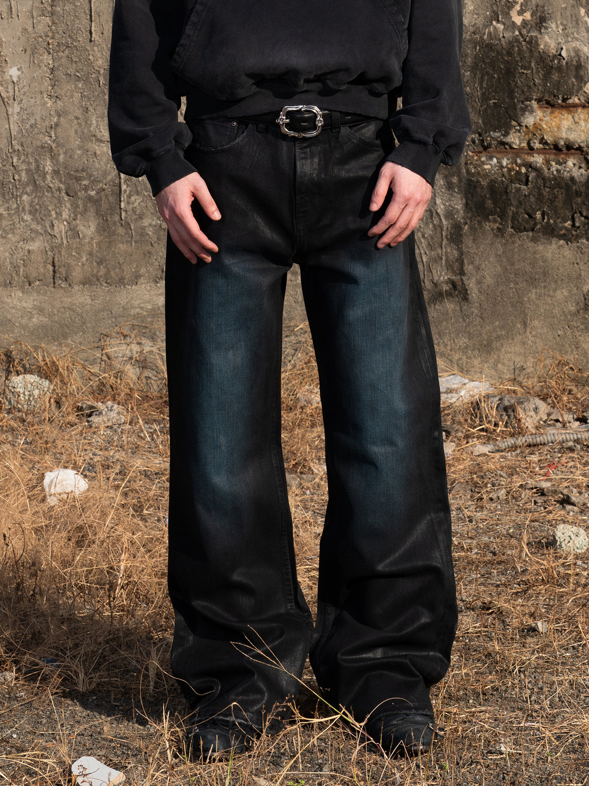 TBR Peacock Blue Waxed Distressed Baggy Jeans