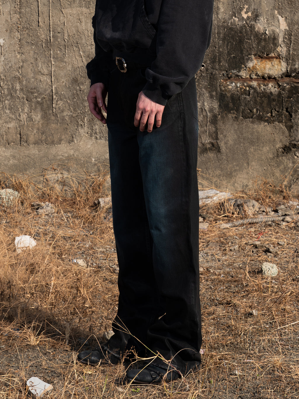 TBR Peacock Blue Waxed Distressed Baggy Jeans