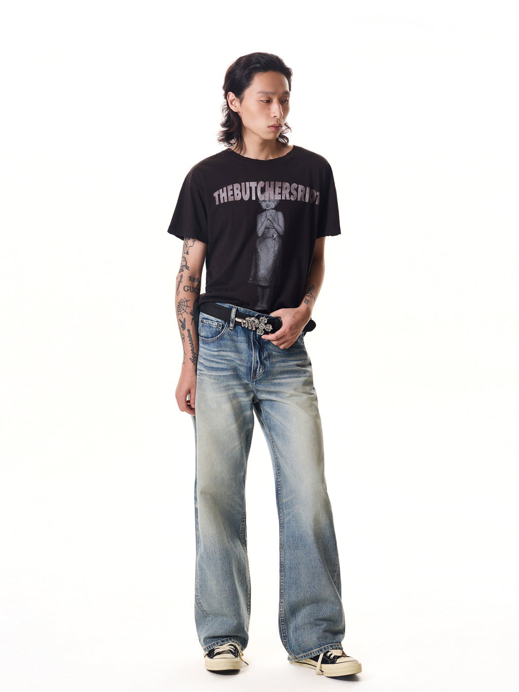 TBR Bone Claw Cross Silver Distressed Leather Belt