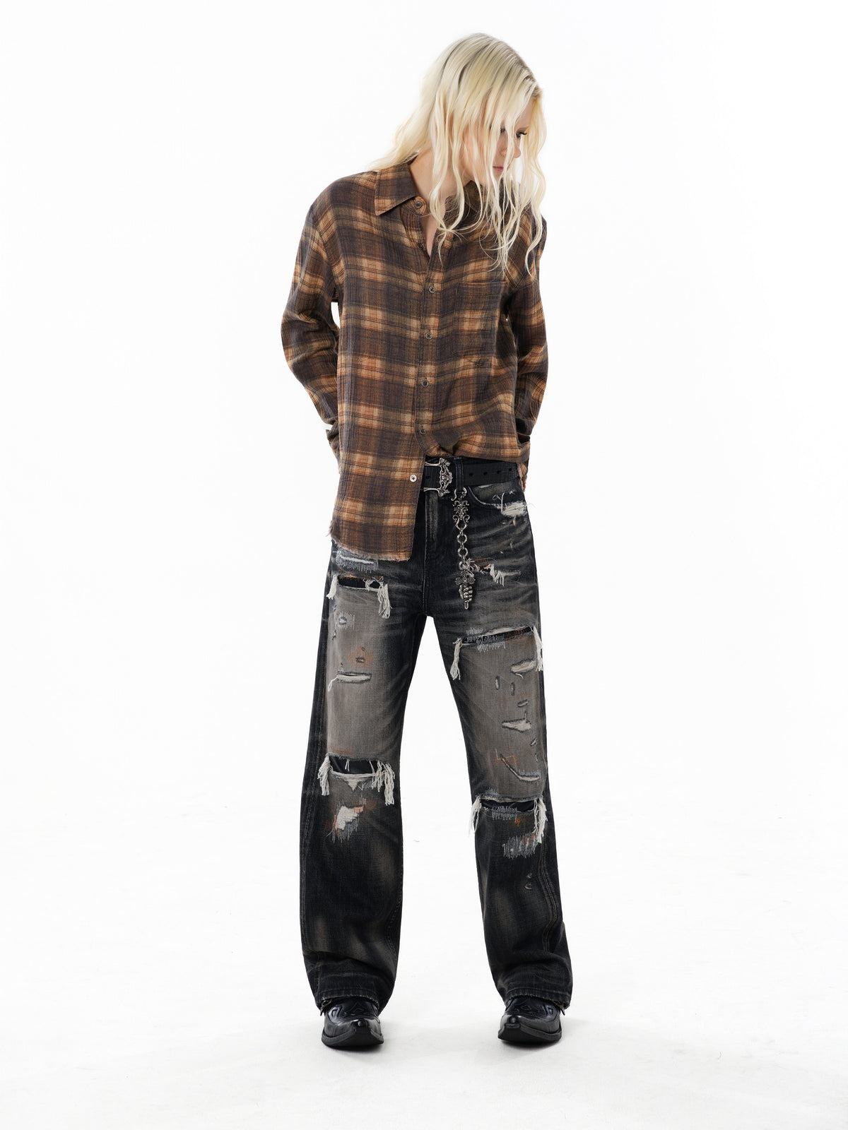 TBR Black Okayama Patchwork Distressed Relaxed Straight Jeans