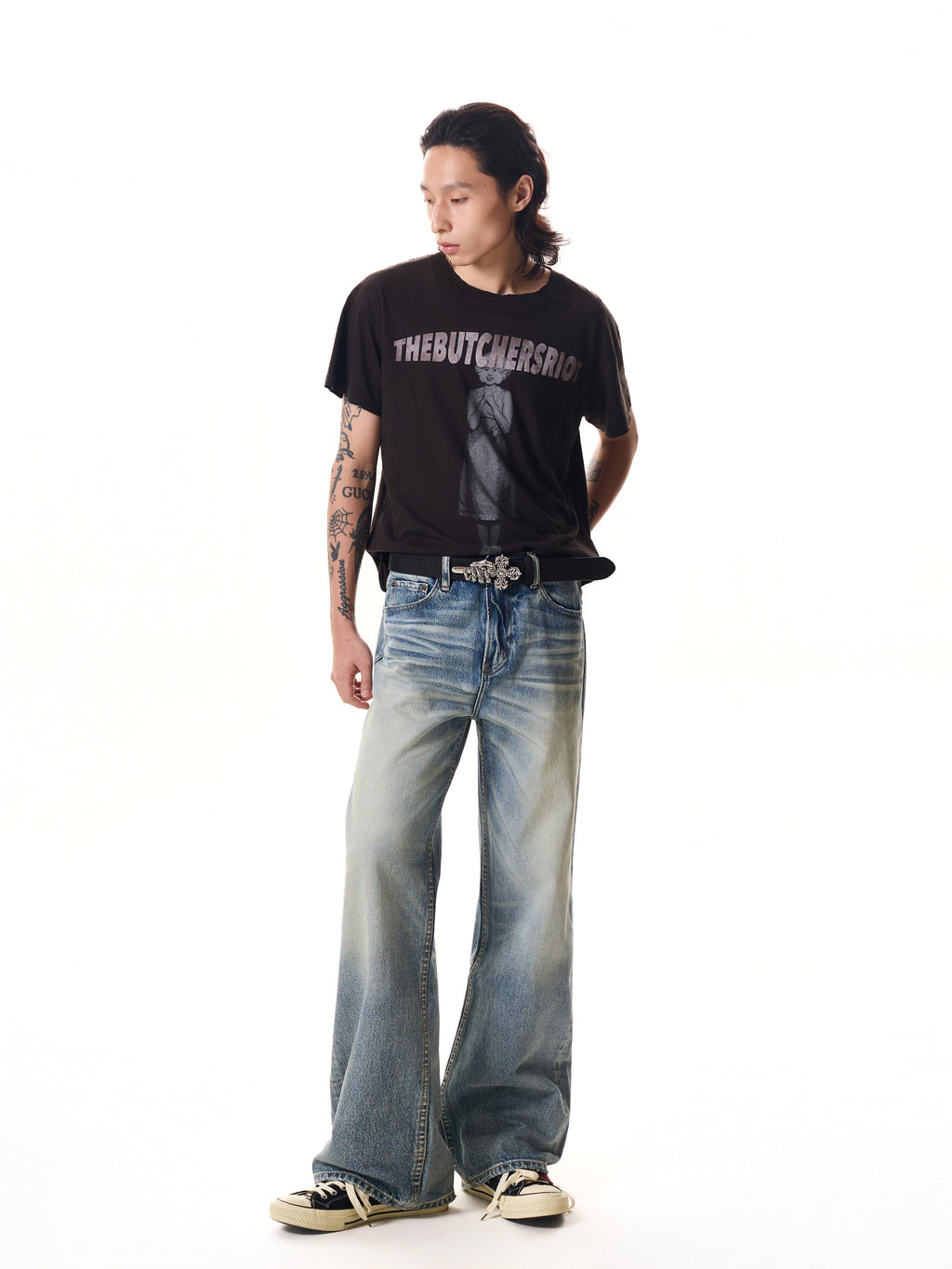 TBR Bone Claw Cross Silver Distressed Leather Belt