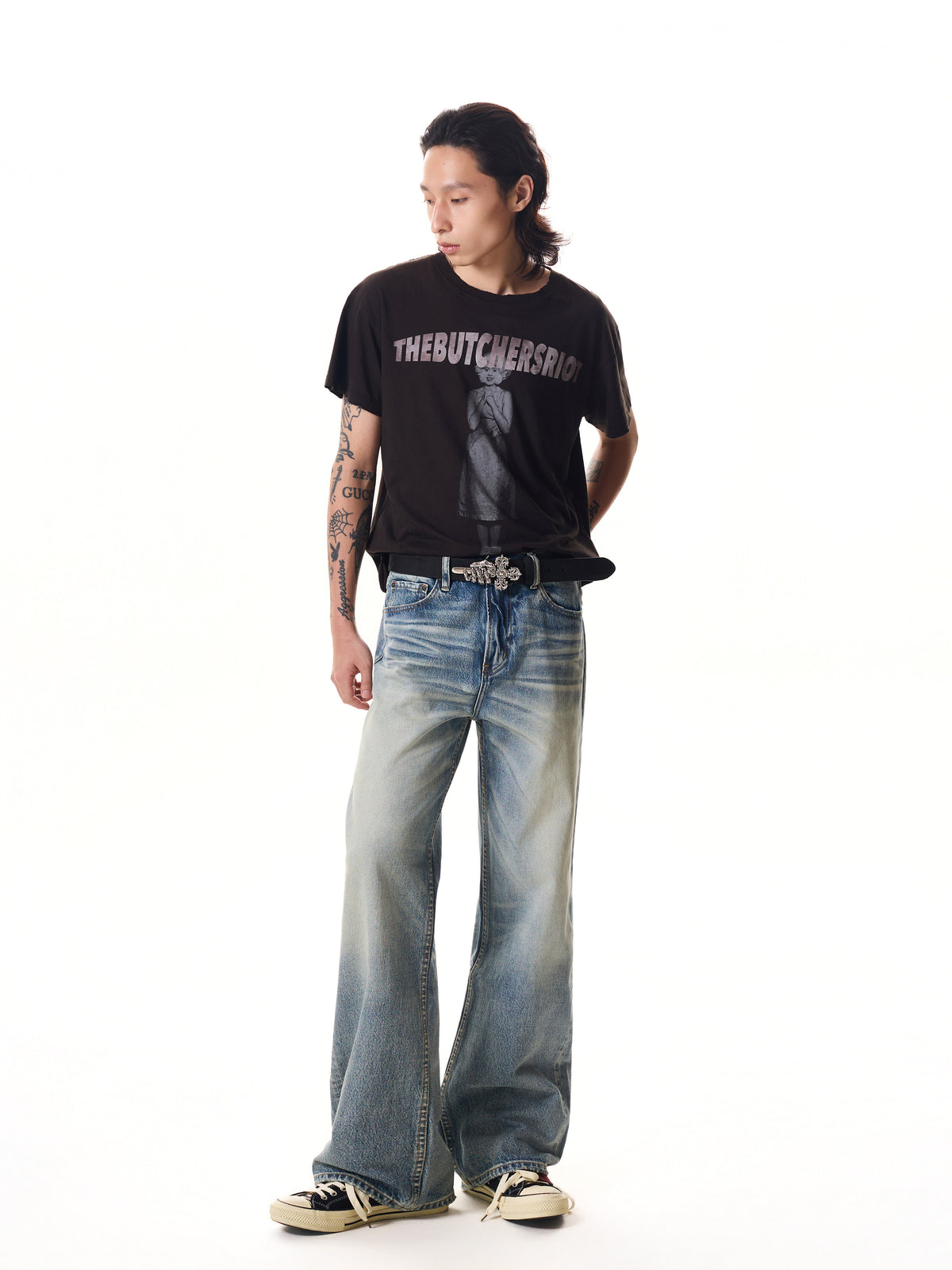 TBR Bone Claw Cross Silver Distressed Leather Belt