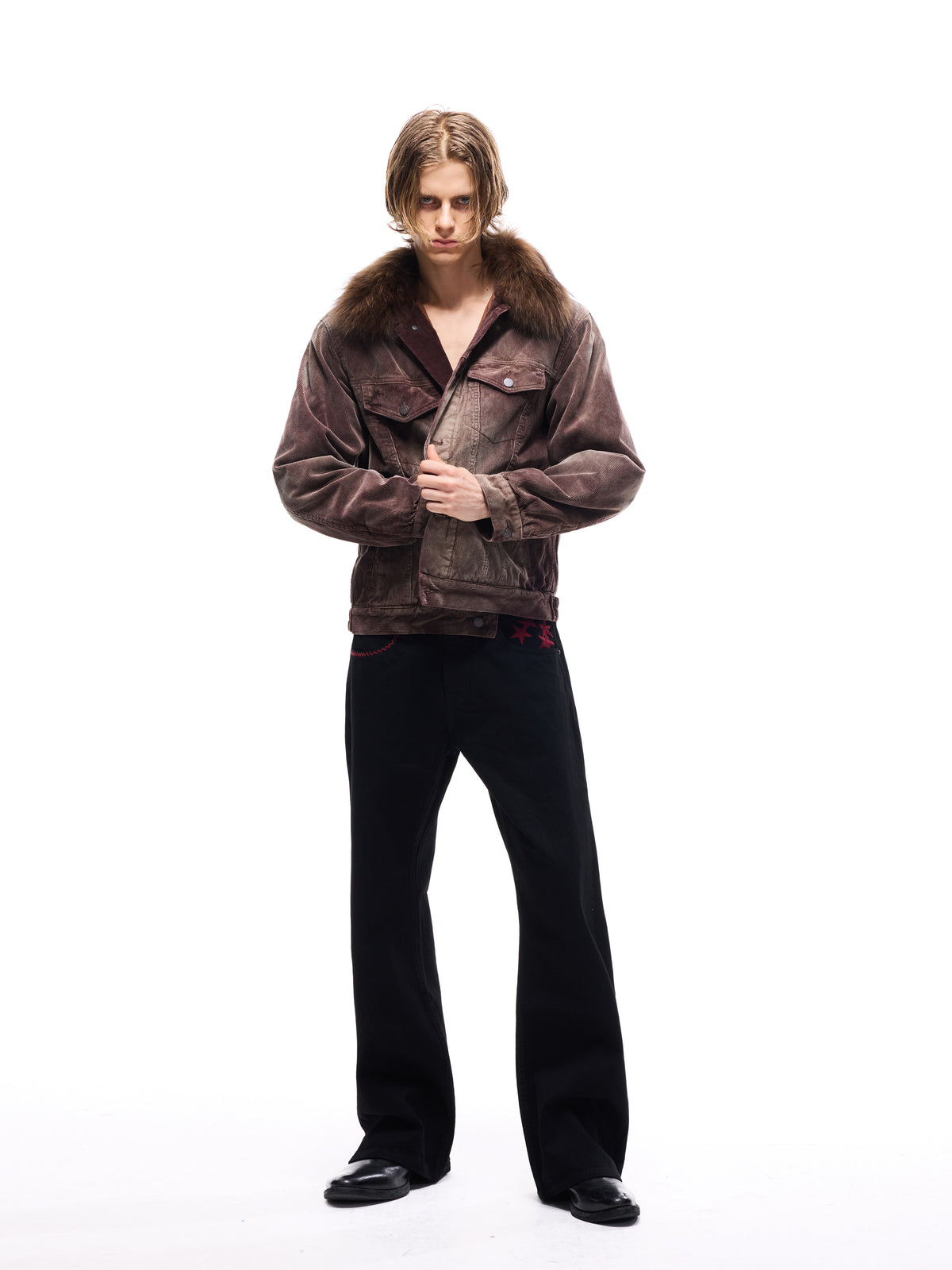 TBR Washed Burgundy Corduroy Shearling Collar Jacket