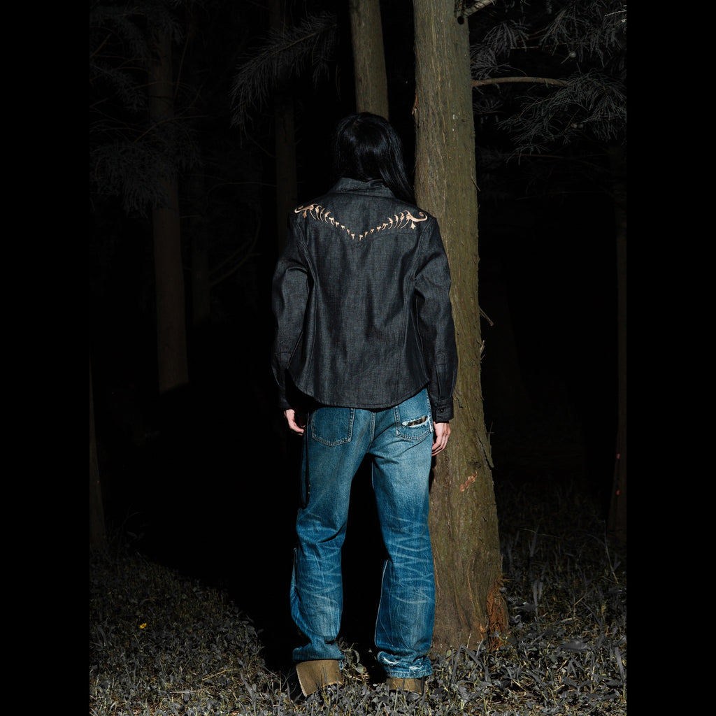 TBR Okayama Raw Denim Western Embroidered Black Jacket