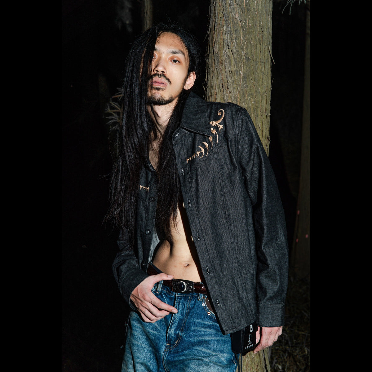 TBR Okayama Raw Denim Western Embroidered Black Jacket