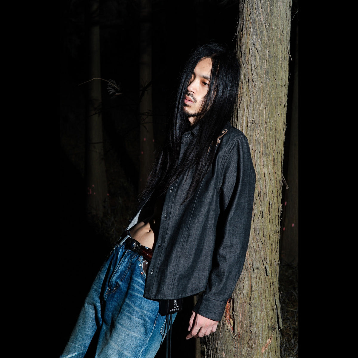 TBR Okayama Raw Denim Western Embroidered Black Jacket