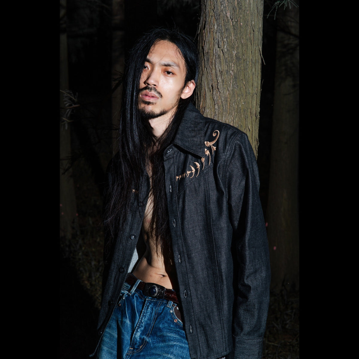 TBR Okayama Raw Denim Western Embroidered Black Jacket