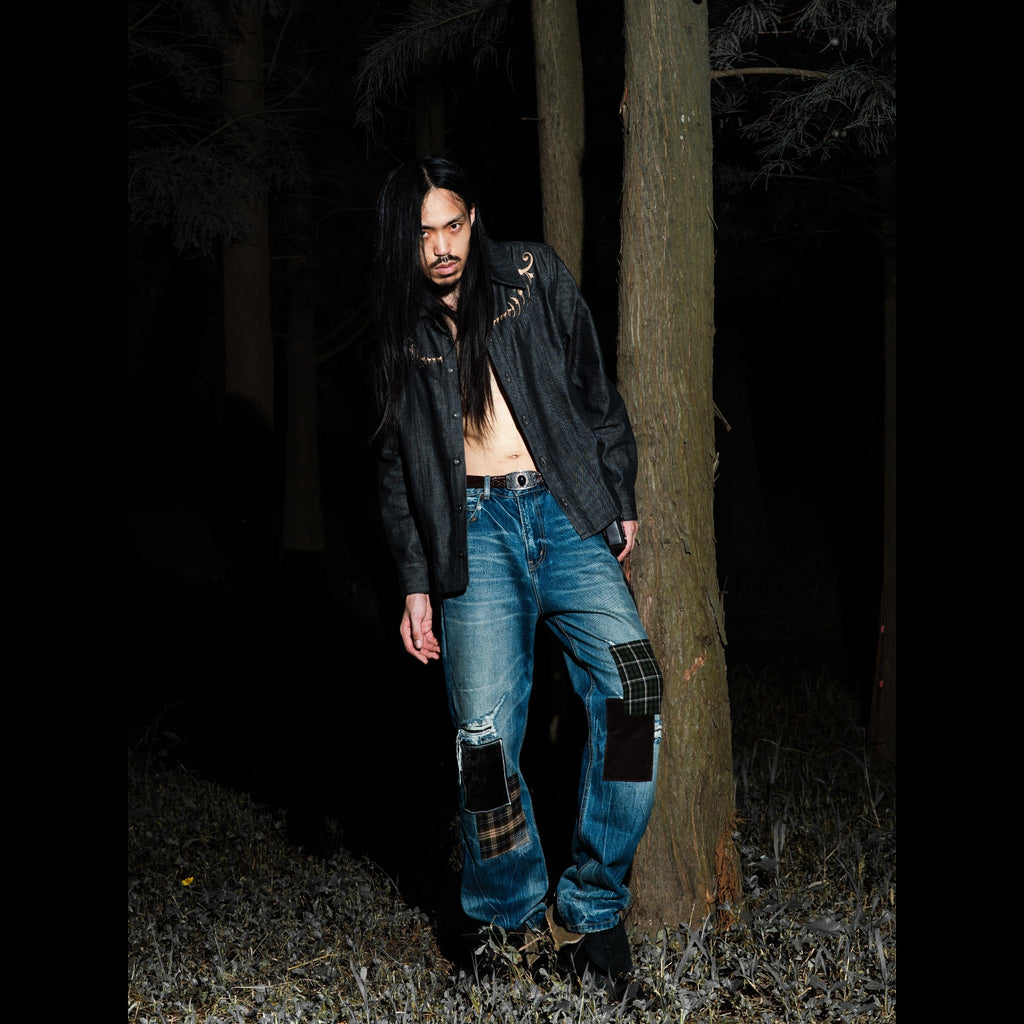 TBR Okayama Raw Denim Western Embroidered Black Jacket
