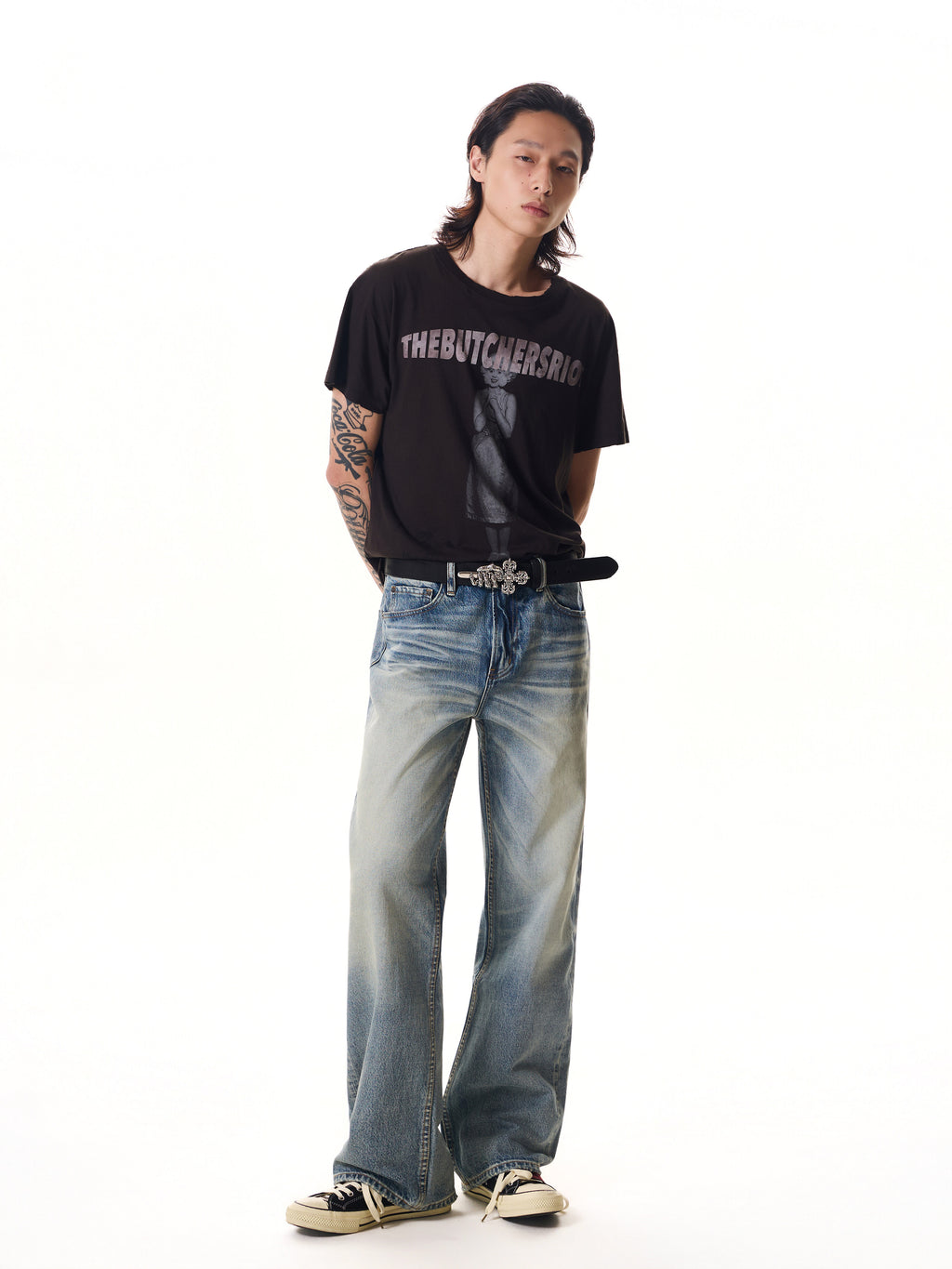 TBR Bone Claw Cross Silver Distressed Leather Belt