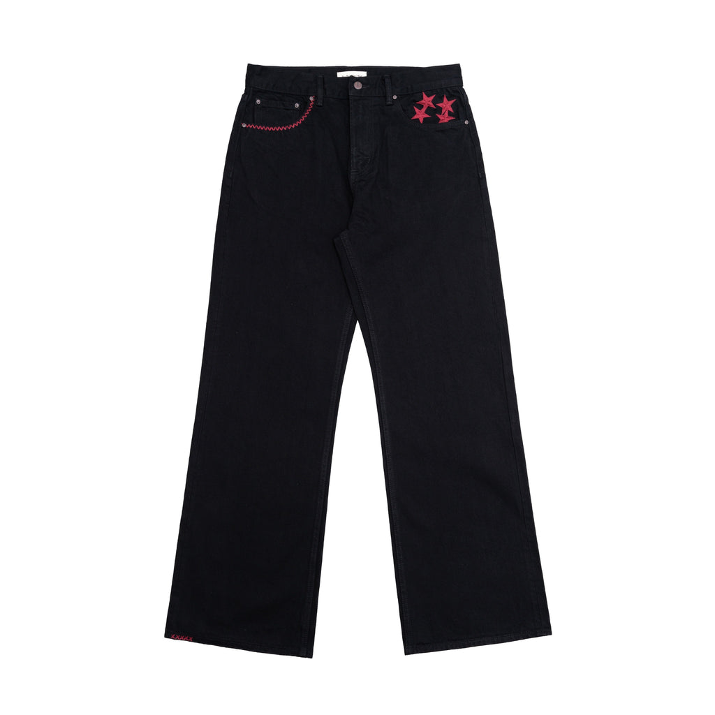 TBR Star Embroidered Black Selvedge Relaxed Straight Jeans