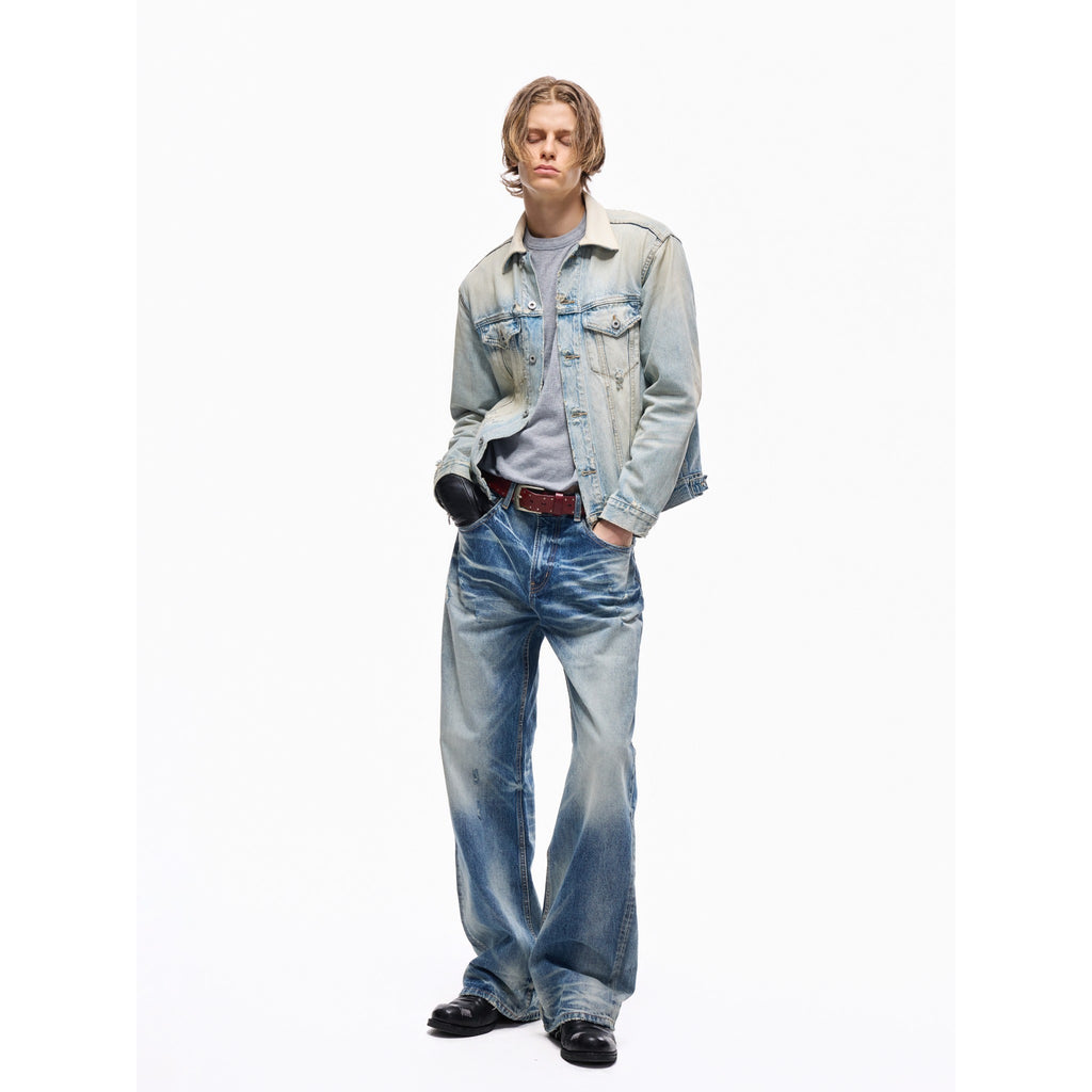 TBR Cream Snow Washed Distressed Leather Collar Type 3 Denim Jacket