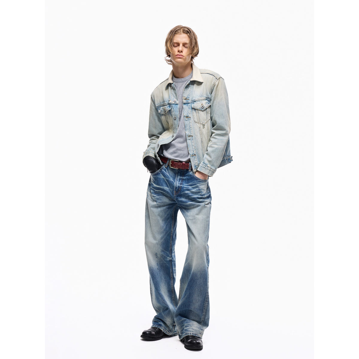 TBR Cream Snow Washed Distressed Leather Collar Type 3 Denim Jacket