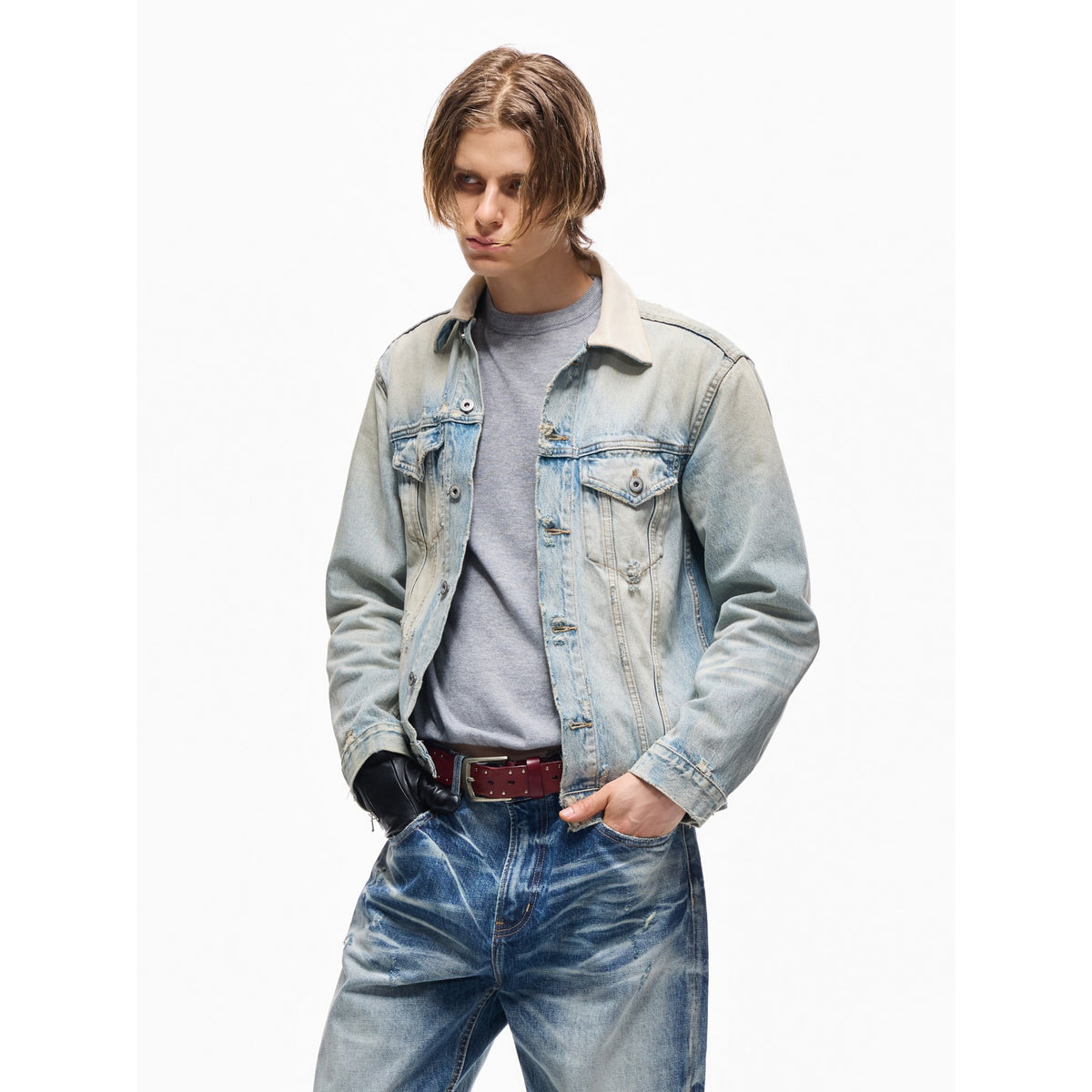 TBR Cream Snow Washed Distressed Leather Collar Type 3 Denim Jacket
