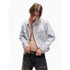 TBR Cream Snow Washed Distressed Leather Collar Type 3 Denim Jacket