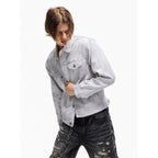 TBR Cream Snow Washed Distressed Leather Collar Type 3 Denim Jacket
