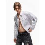 TBR Cream Snow Washed Distressed Leather Collar Type 3 Denim Jacket