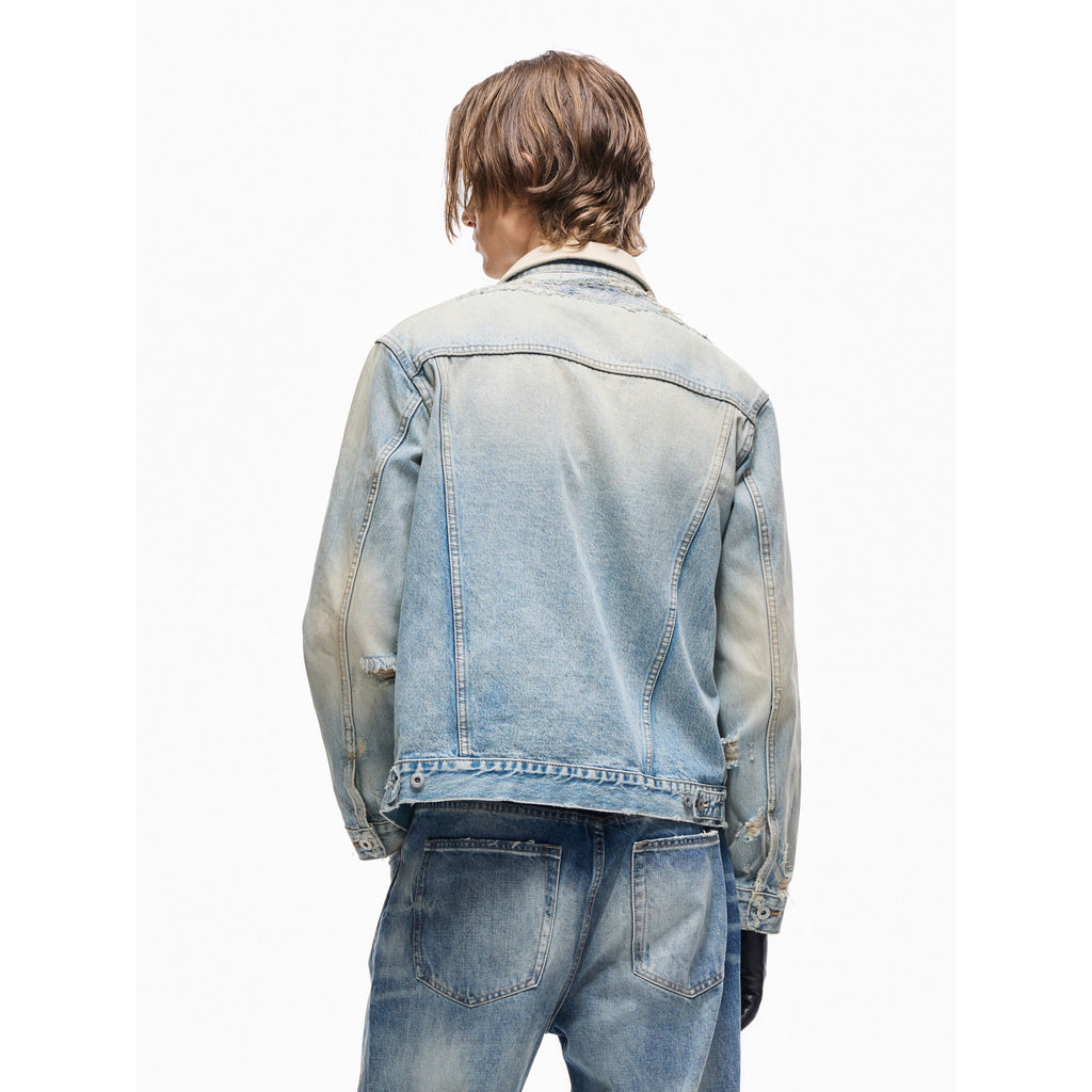 TBR Cream Snow Washed Distressed Leather Collar Type 3 Denim Jacket