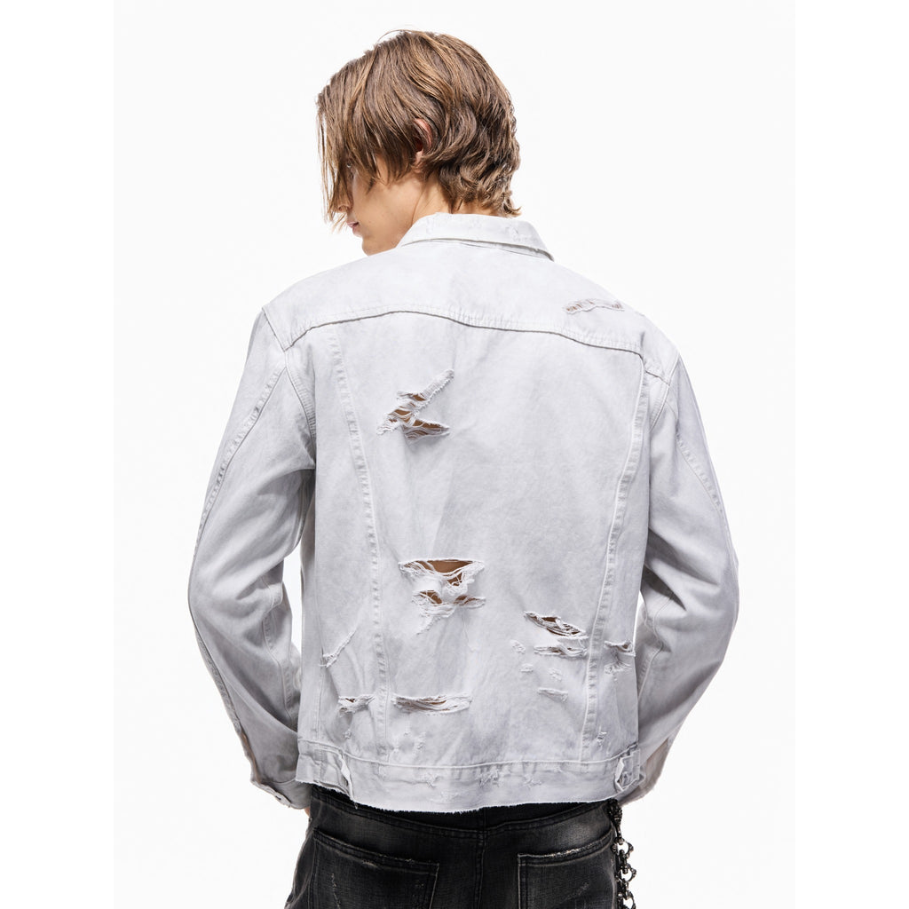 TBR Cream Snow Washed Distressed Leather Collar Type 3 Denim Jacket