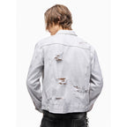 TBR Cream Snow Washed Distressed Leather Collar Type 3 Denim Jacket
