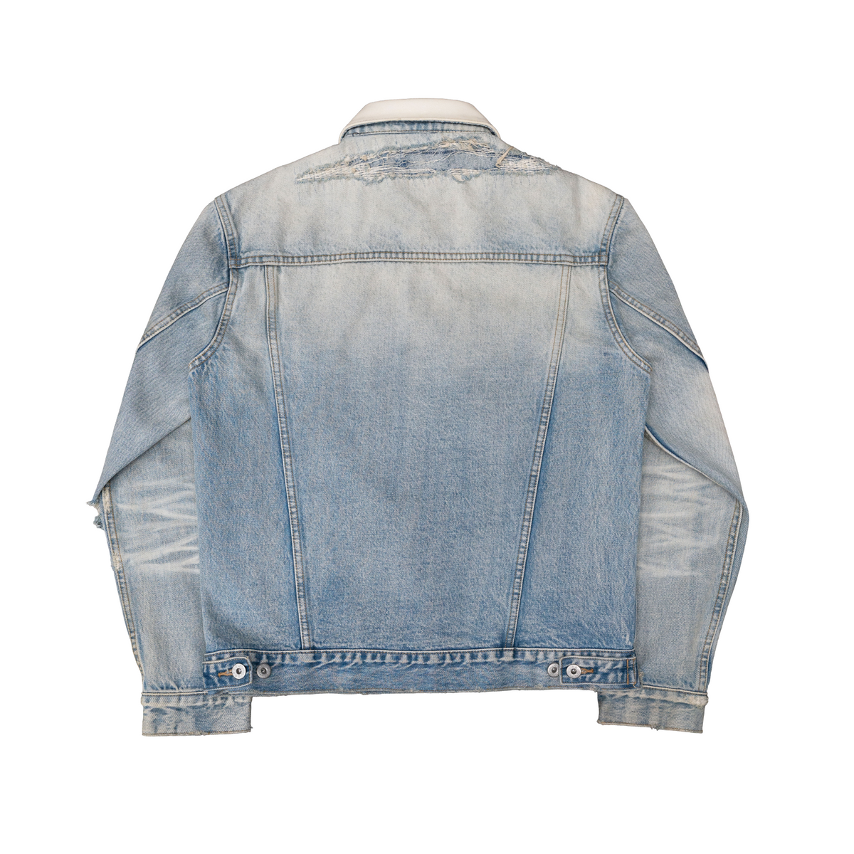 TBR Cream Snow Washed Distressed Leather Collar Type 3 Denim Jacket