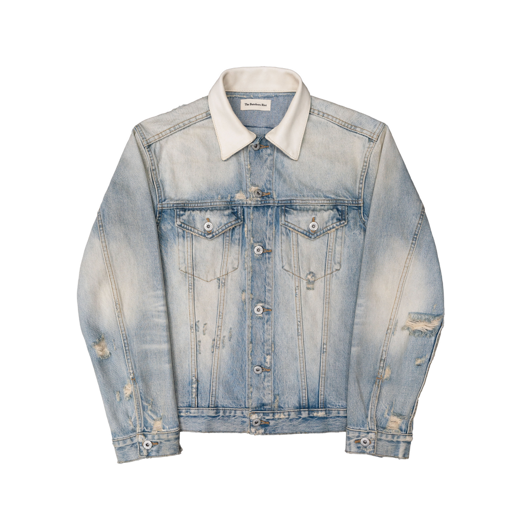 TBR Cream Snow Washed Distressed Leather Collar Type 3 Denim Jacket