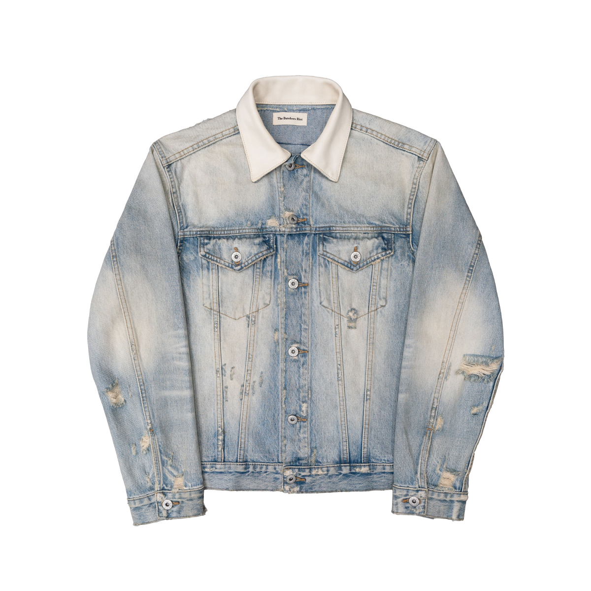 TBR Cream Snow Washed Distressed Leather Collar Type 3 Denim Jacket